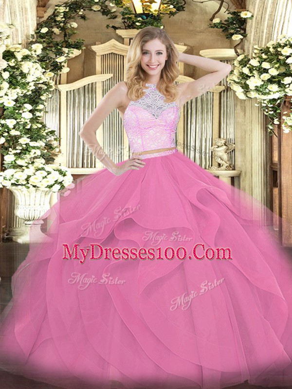 High End Rose Pink Zipper Scoop Lace and Ruffles Sweet 16 Dresses Tulle Sleeveless