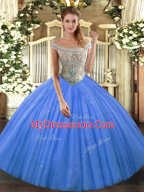 Ideal Floor Length Baby Blue Sweet 16 Dresses Off The Shoulder Sleeveless Lace Up