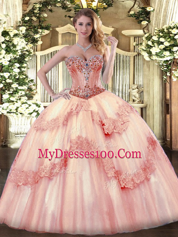 Deluxe Tulle Sweetheart Sleeveless Lace Up Beading and Appliques Sweet 16 Dresses in Baby Pink