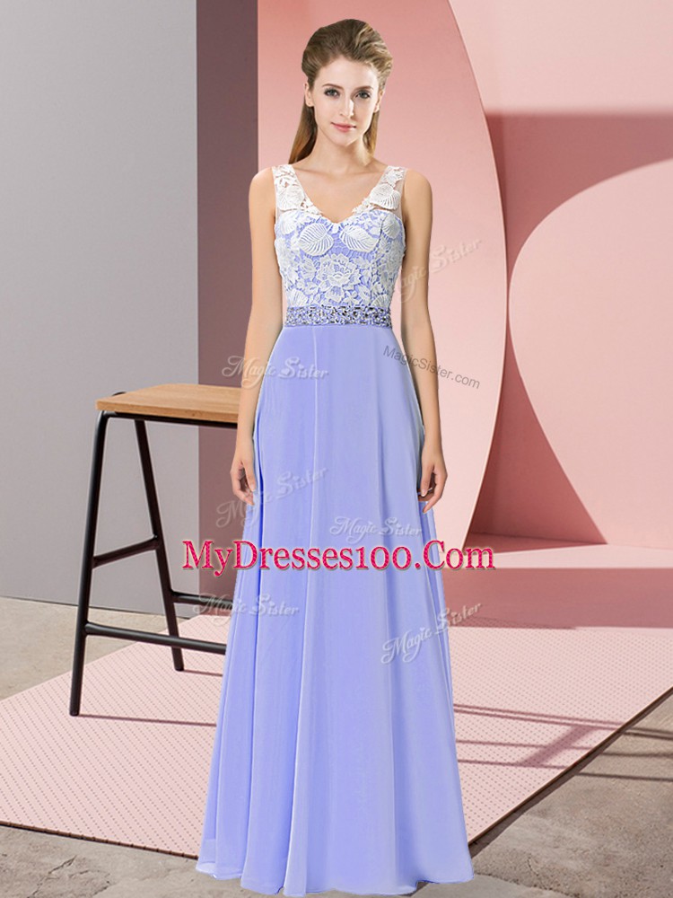 Affordable Sleeveless Chiffon Floor Length Backless Prom Dresses in Lavender with Beading