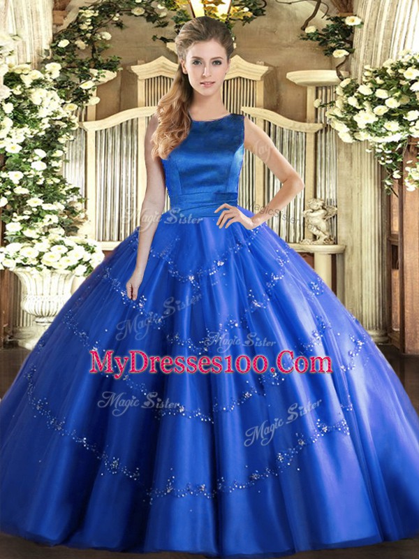 Blue Tulle Lace Up Quinceanera Dresses Sleeveless Floor Length Appliques