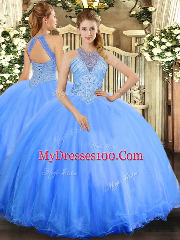 Ideal Blue Lace Up 15th Birthday Dress Beading Sleeveless Floor Length