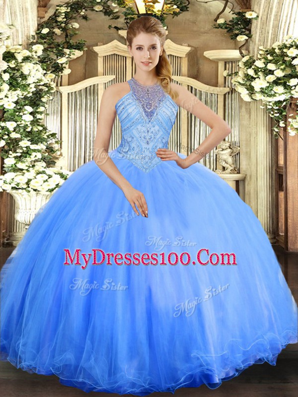 Ideal Blue Lace Up 15th Birthday Dress Beading Sleeveless Floor Length