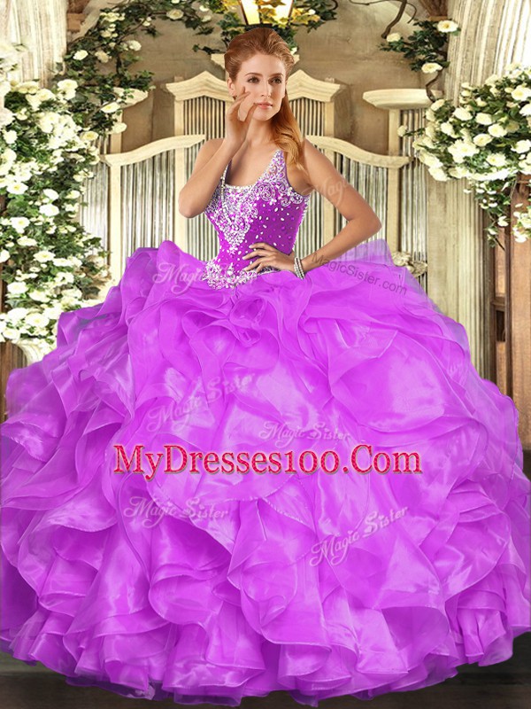 Excellent Lilac Straps Lace Up Beading and Ruffles Sweet 16 Dress Sleeveless