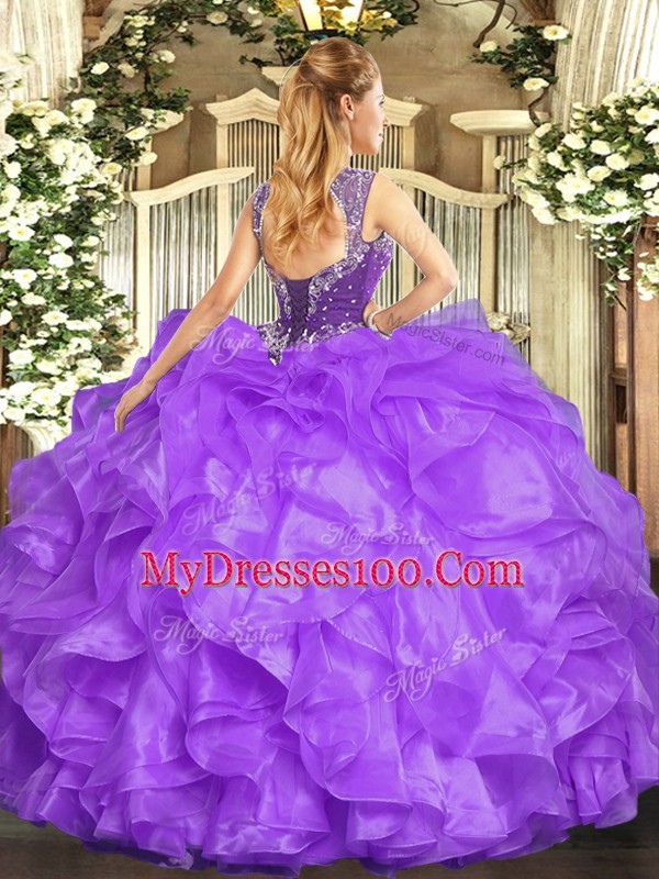Excellent Lilac Straps Lace Up Beading and Ruffles Sweet 16 Dress Sleeveless