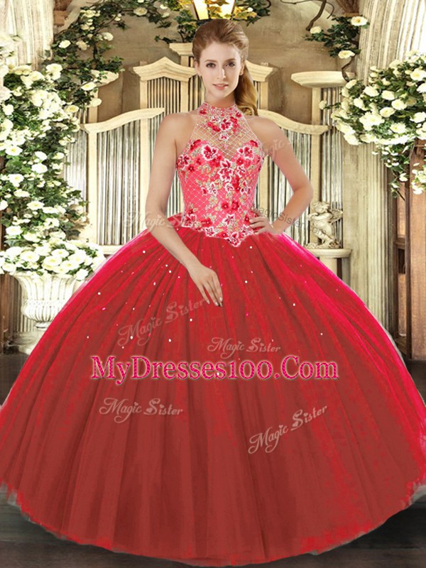 Fantastic Red Ball Gowns Embroidery Ball Gown Prom Dress Lace Up Tulle Sleeveless Floor Length