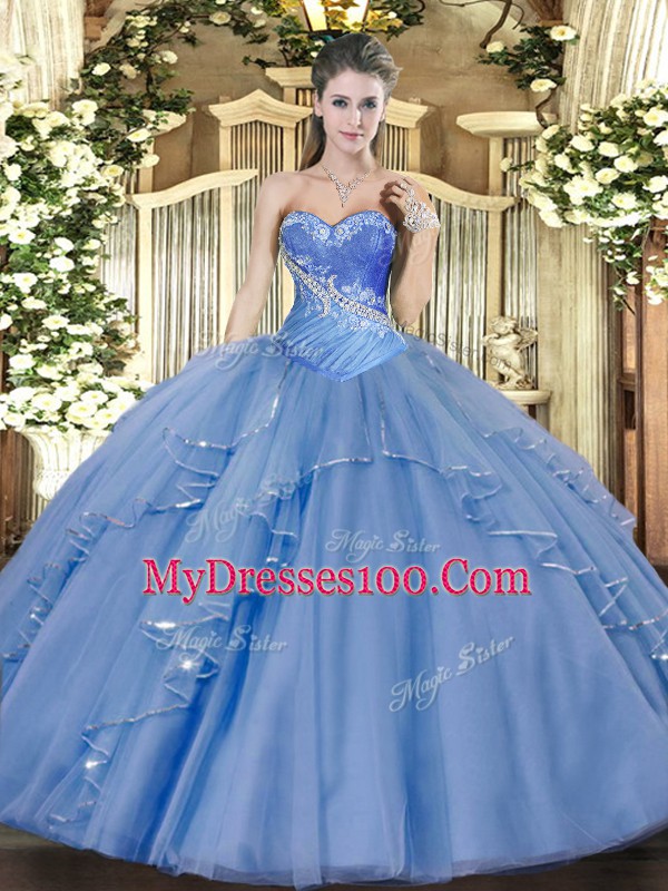 Aqua Blue Ball Gowns Beading and Ruffles Sweet 16 Quinceanera Dress Lace Up Tulle Sleeveless Floor Length