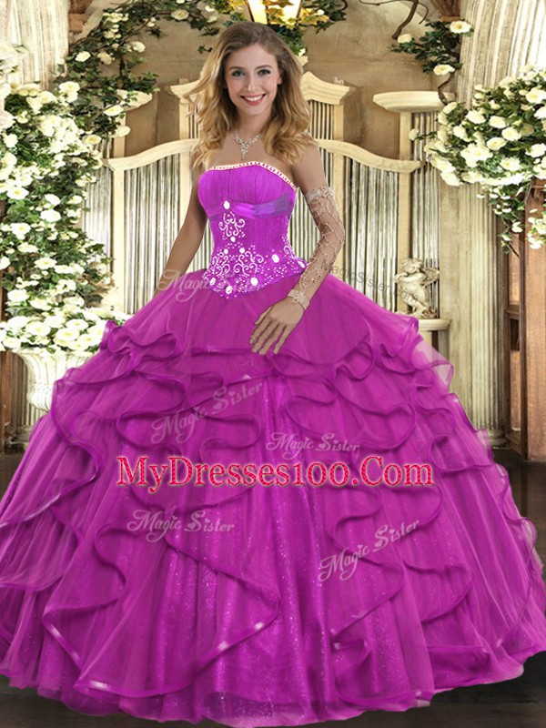 Fuchsia Lace Up Strapless Beading and Ruffles Quinceanera Gowns Tulle Sleeveless