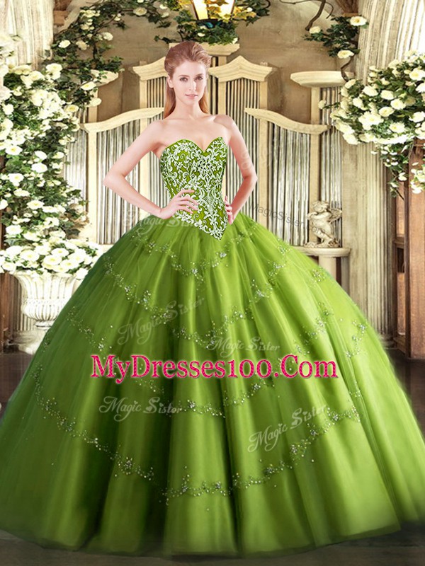 Pretty Ball Gowns Ball Gown Prom Dress Olive Green Sweetheart Tulle Sleeveless Floor Length Lace Up