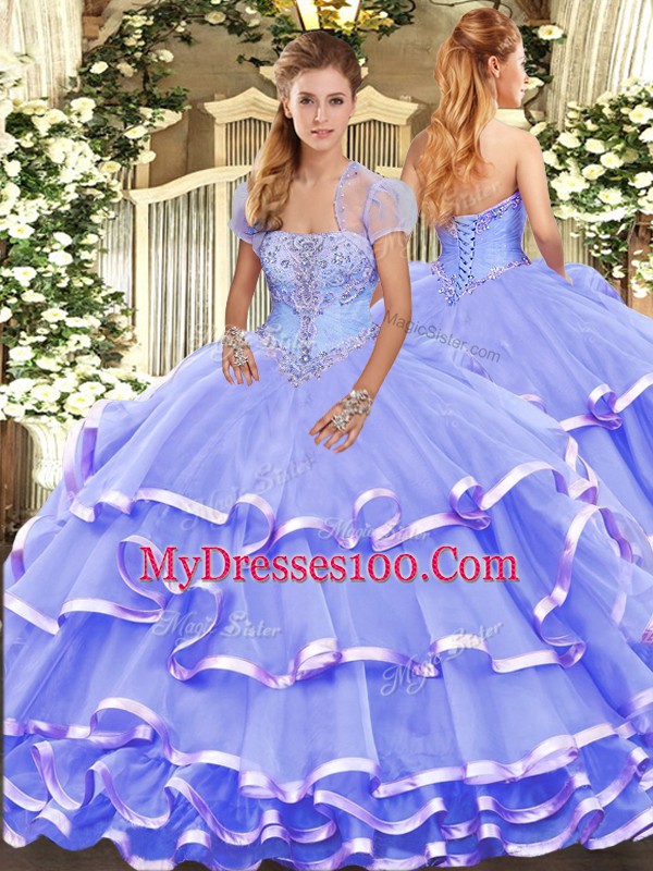 Sexy Lavender Lace Up Strapless Appliques and Ruffled Layers Ball Gown Prom Dress Organza Sleeveless