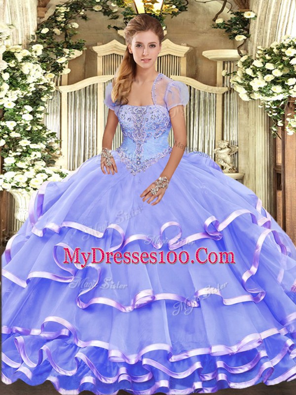 Sexy Lavender Lace Up Strapless Appliques and Ruffled Layers Ball Gown Prom Dress Organza Sleeveless