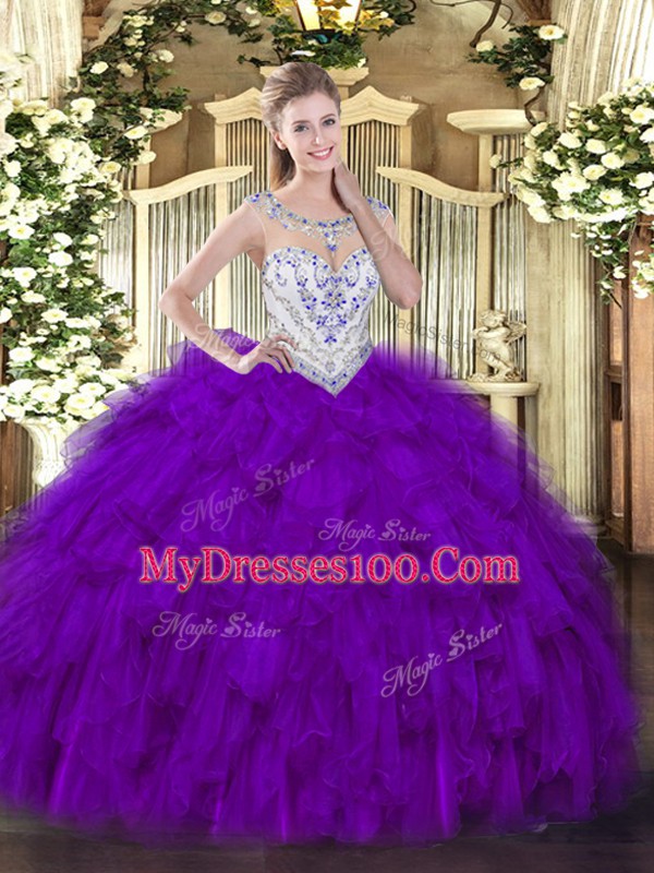 Purple Tulle Zipper Ball Gown Prom Dress Sleeveless Floor Length Beading and Ruffles