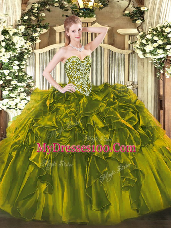 Olive Green Sleeveless Floor Length Beading and Ruffles Lace Up Quince Ball Gowns