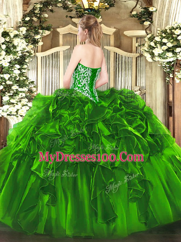 Olive Green Sleeveless Floor Length Beading and Ruffles Lace Up Quince Ball Gowns