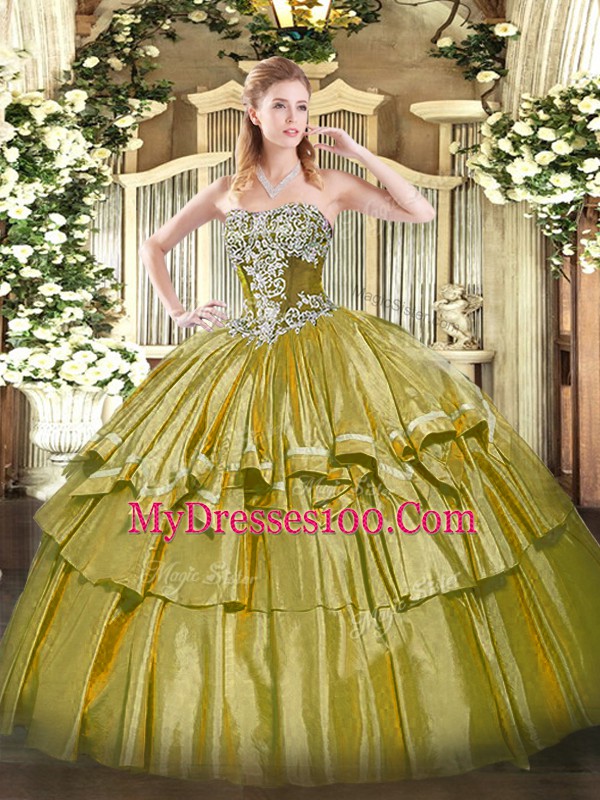 Dramatic Olive Green Lace Up Quince Ball Gowns Beading and Ruffled Layers Sleeveless Floor Length