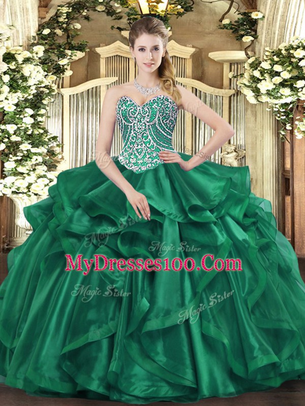 Sophisticated Dark Green Sleeveless Floor Length Beading and Ruffles Lace Up Quinceanera Dresses