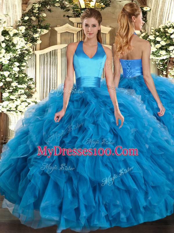 Baby Blue Sleeveless Ruffles Floor Length Sweet 16 Dress