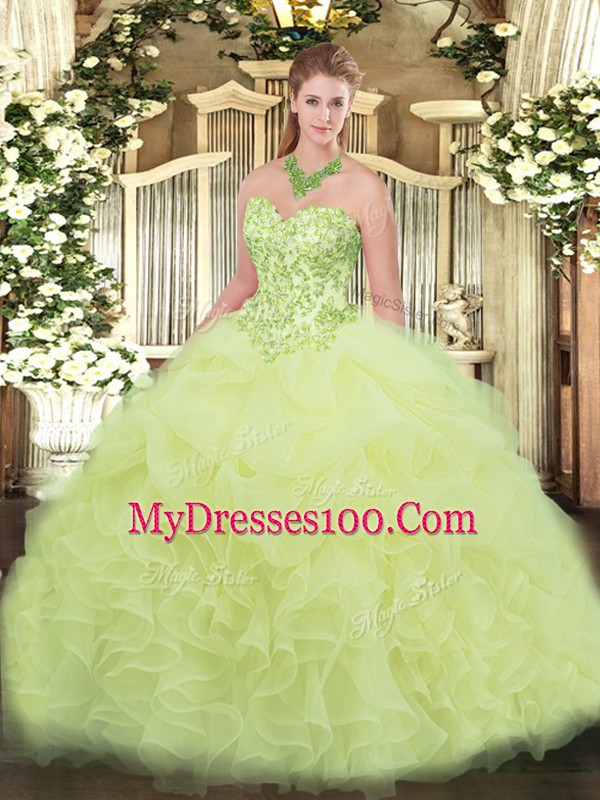 Custom Made Floor Length Yellow Green Sweet 16 Dresses Organza Sleeveless Appliques and Ruffles