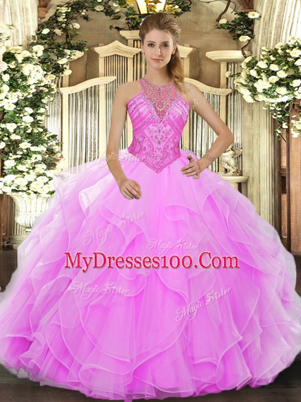 Rose Pink Ball Gowns Organza High-neck Sleeveless Beading and Ruffles Floor Length Lace Up Sweet 16 Quinceanera Dress