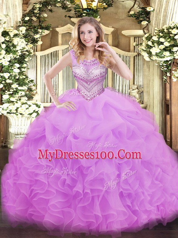 Cute Lilac Organza Lace Up Scoop Sleeveless Floor Length 15th Birthday Dress Beading and Ruffles and Pick Ups