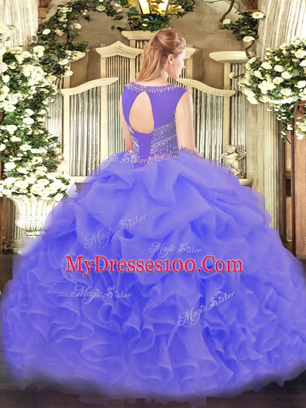 Cute Lilac Organza Lace Up Scoop Sleeveless Floor Length 15th Birthday Dress Beading and Ruffles and Pick Ups