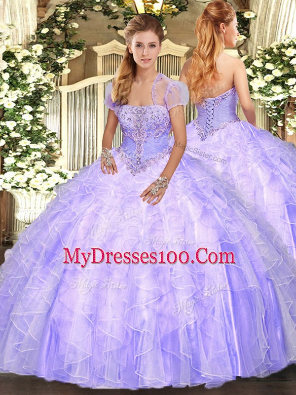 Exceptional Lavender Tulle Lace Up Sweet 16 Dress Sleeveless Floor Length Appliques and Ruffles