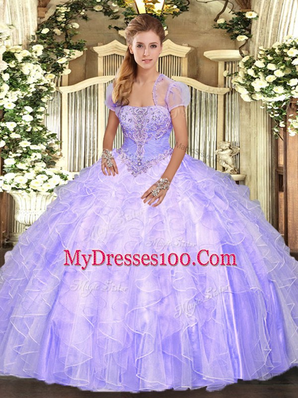 Exceptional Lavender Tulle Lace Up Sweet 16 Dress Sleeveless Floor Length Appliques and Ruffles