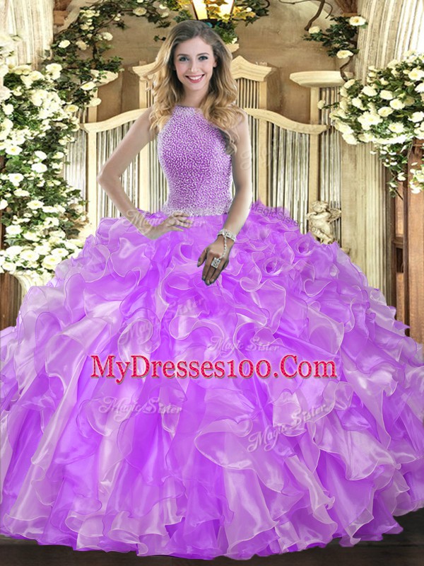 Lavender Ball Gowns Organza High-neck Sleeveless Beading and Ruffles Floor Length Lace Up 15th Birthday Dress