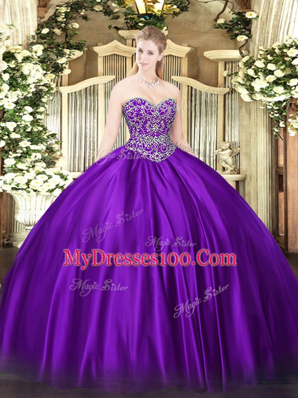 Purple Sleeveless Satin Lace Up Sweet 16 Dresses for Military Ball and Sweet 16 and Quinceanera