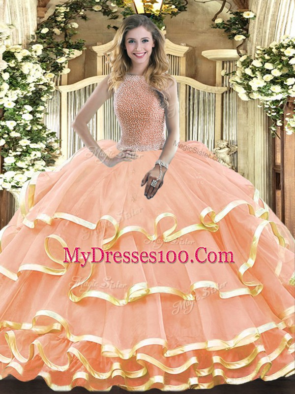 Floor Length Peach 15 Quinceanera Dress High-neck Sleeveless Lace Up
