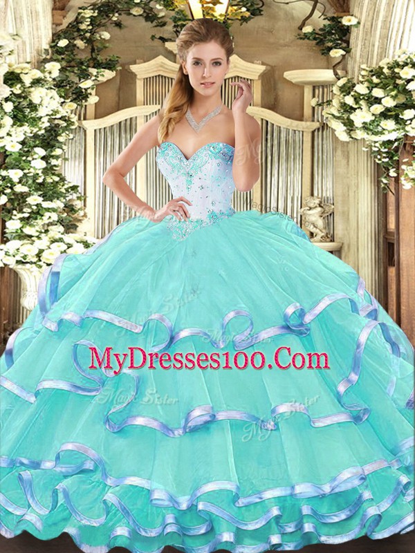 Low Price Sweetheart Sleeveless Lace Up 15 Quinceanera Dress Turquoise Organza
