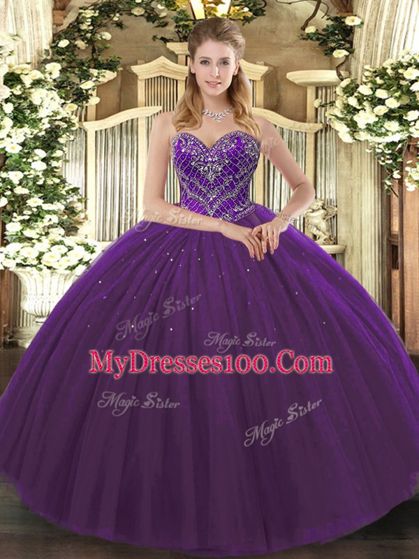 Floor Length Dark Purple Sweet 16 Dresses Tulle Sleeveless Beading