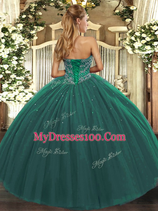 Floor Length Dark Purple Sweet 16 Dresses Tulle Sleeveless Beading