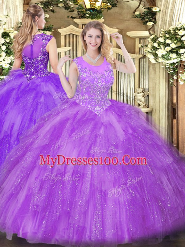 Fancy Floor Length Zipper Quince Ball Gowns Lavender for Military Ball and Sweet 16 and Quinceanera with Beading and Ruffles