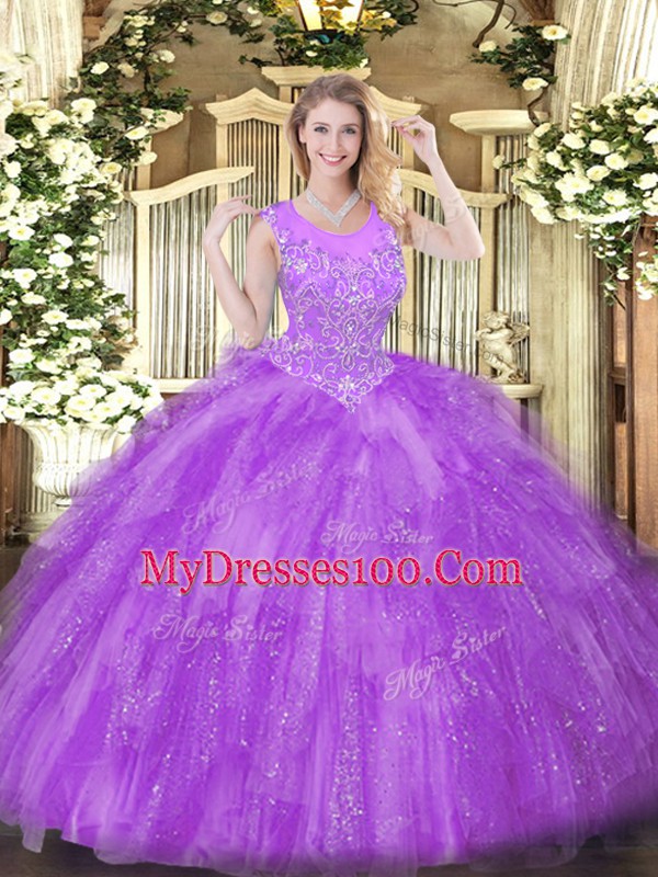 Fancy Floor Length Zipper Quince Ball Gowns Lavender for Military Ball and Sweet 16 and Quinceanera with Beading and Ruffles