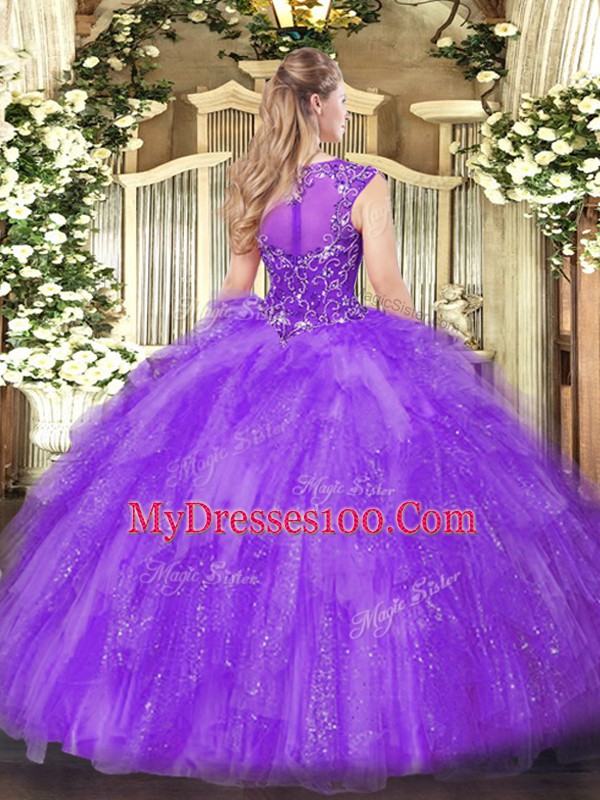 Fancy Floor Length Zipper Quince Ball Gowns Lavender for Military Ball and Sweet 16 and Quinceanera with Beading and Ruffles