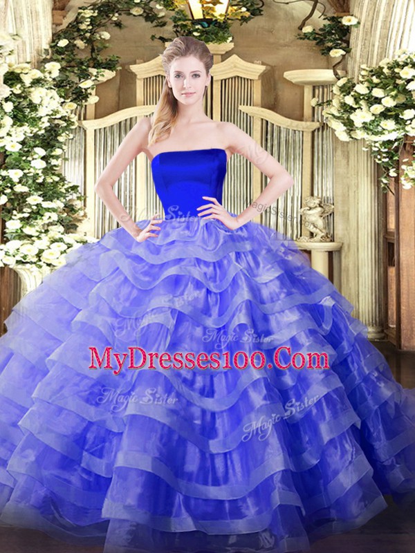 Blue Tulle Zipper Strapless Sleeveless Floor Length Quinceanera Dresses Ruffled Layers