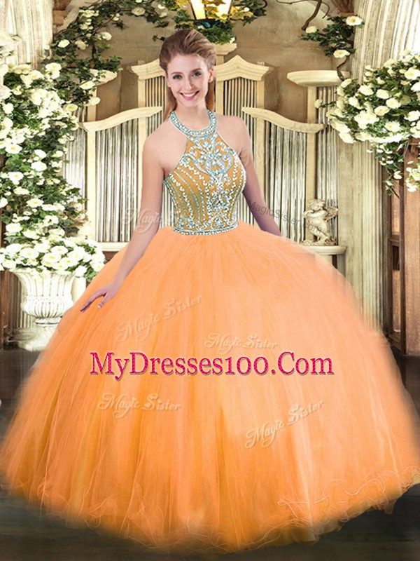 Captivating Orange Ball Gowns Tulle Halter Top Sleeveless Beading Floor Length Lace Up Vestidos de Quinceanera