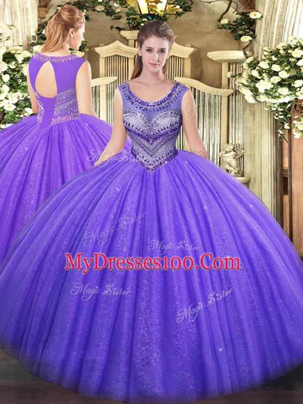 Cheap Sleeveless Floor Length Beading Lace Up Sweet 16 Dresses with Lavender
