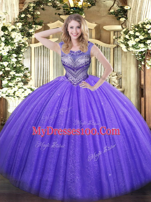 Cheap Sleeveless Floor Length Beading Lace Up Sweet 16 Dresses with Lavender