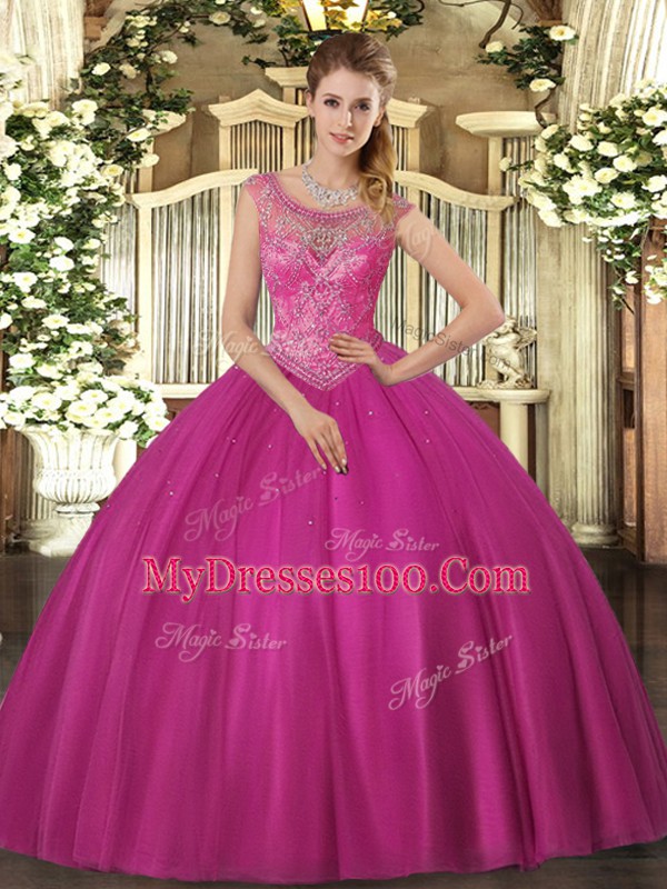 Clearance Ball Gowns Sweet 16 Dresses Fuchsia Scoop Tulle Sleeveless Floor Length Lace Up