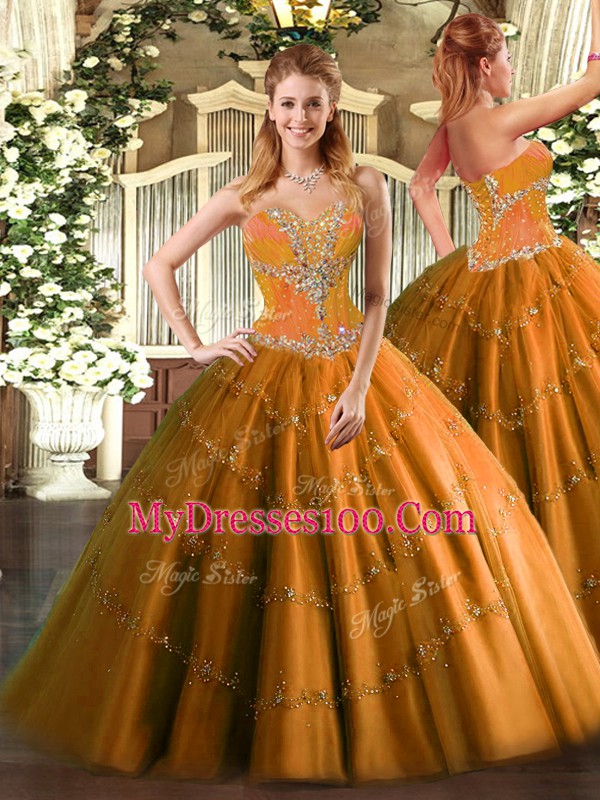 Orange Tulle Lace Up Sweet 16 Dress Sleeveless Floor Length Beading