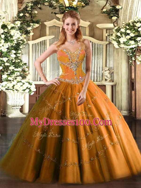 Orange Tulle Lace Up Sweet 16 Dress Sleeveless Floor Length Beading