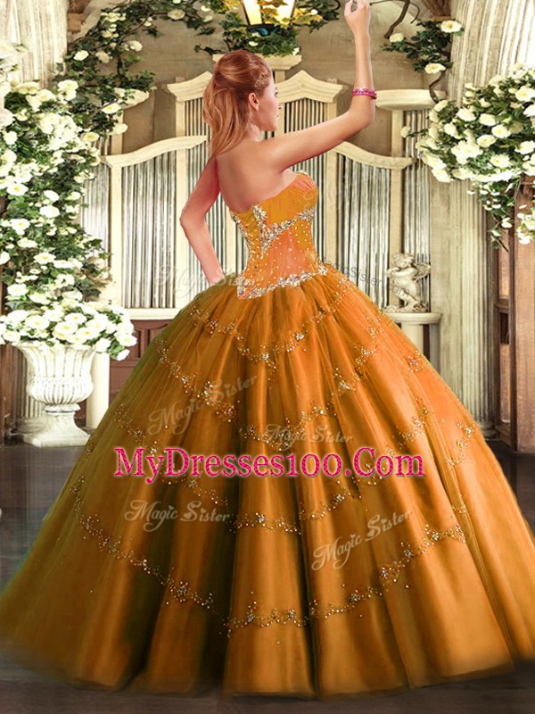 Orange Tulle Lace Up Sweet 16 Dress Sleeveless Floor Length Beading