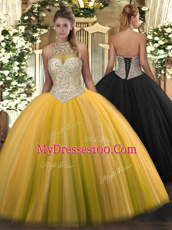 Eye-catching Halter Top Sleeveless Tulle Vestidos de Quinceanera Beading Lace Up