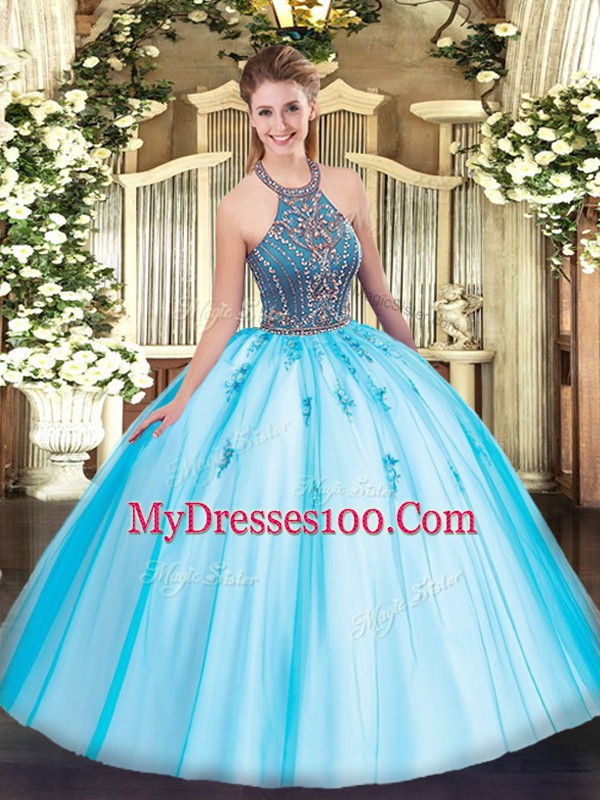 Halter Top Sleeveless Lace Up Quinceanera Dress Aqua Blue Tulle