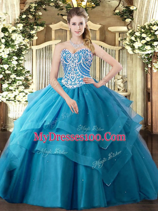 New Arrival Floor Length Lace Up Quince Ball Gowns Teal for Military Ball and Sweet 16 and Quinceanera with Beading and Ruffled Layers