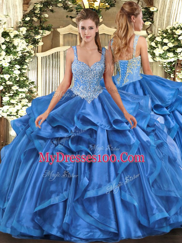 New Style Sleeveless Floor Length Beading and Ruffles Lace Up Sweet 16 Quinceanera Dress with Blue