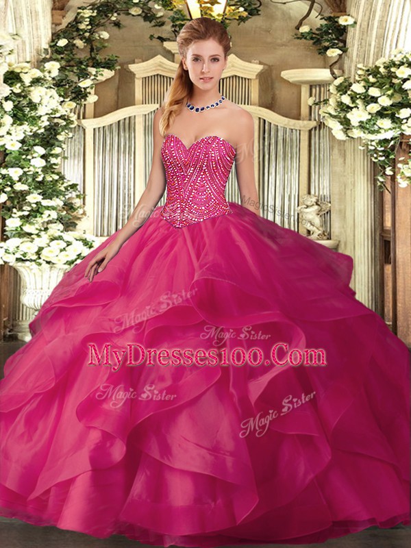 Sweetheart Sleeveless Quinceanera Gowns Floor Length Beading and Ruffles Hot Pink Tulle
