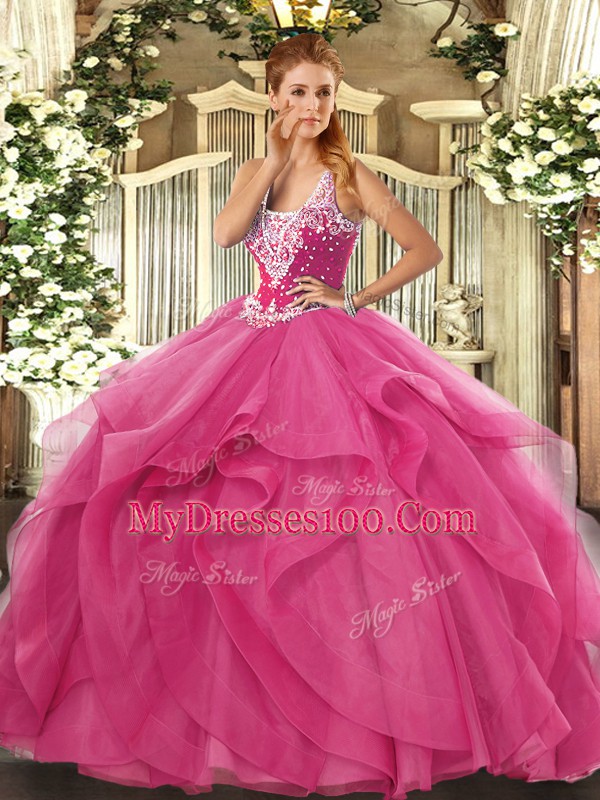 Dramatic Hot Pink Ball Gowns Straps Sleeveless Tulle Floor Length Lace Up Beading and Ruffles Quinceanera Gown